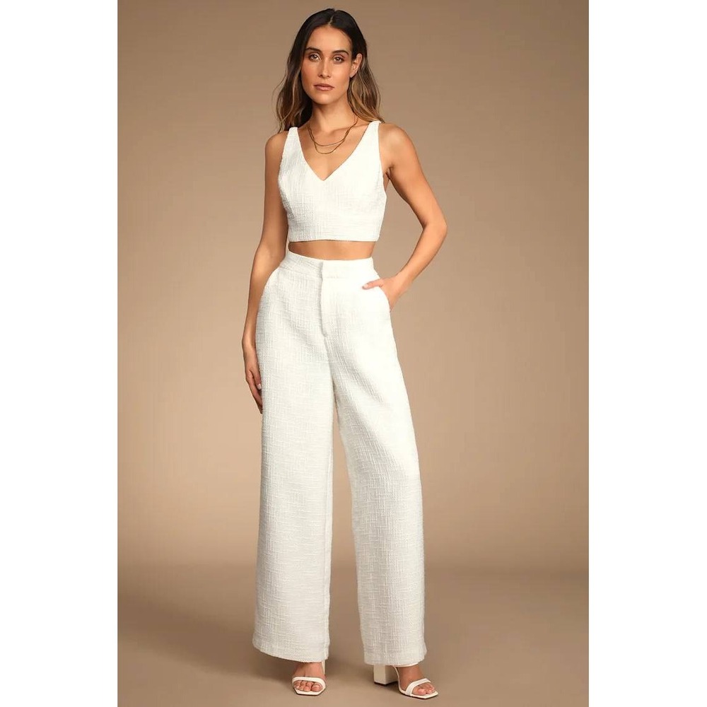 Lulus White Tweed Wide Leg Pants High Waisted Trousers Small NWT